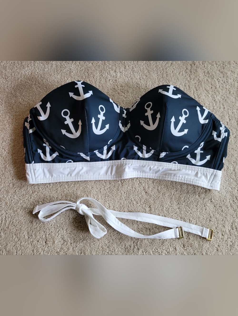 Modcloth Anchor Print Bikini Swim Top Blue White Sz Large READ Loop